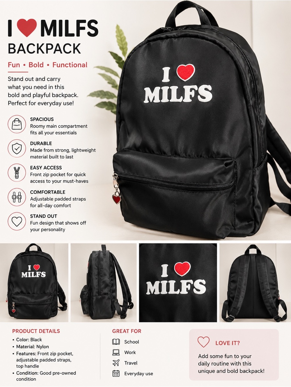 Spencer's Black Backpack with Red Heart Graphic